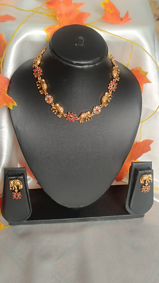 Antique Matte Floral Elephant Necklace Set NEC1012